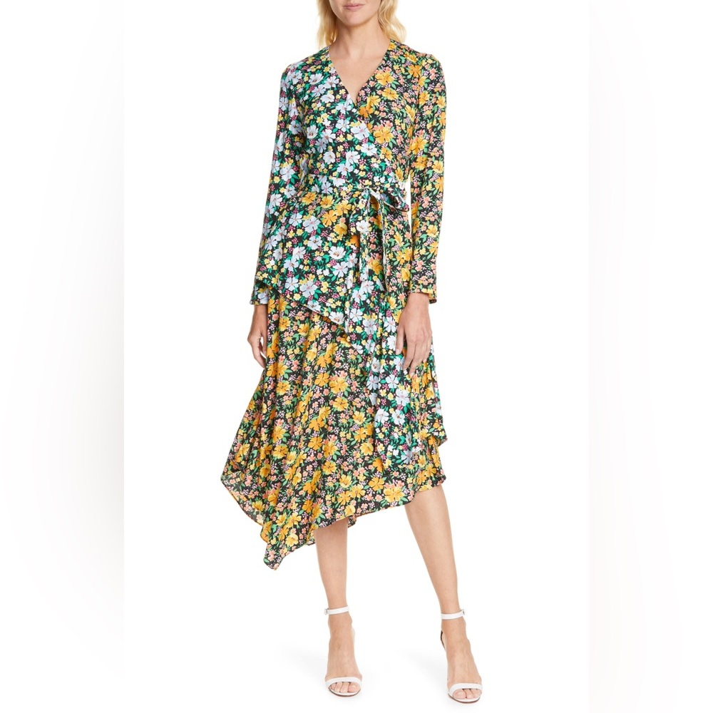 MAJE Roen Asymmetrical Wrap Floral Midi Dress